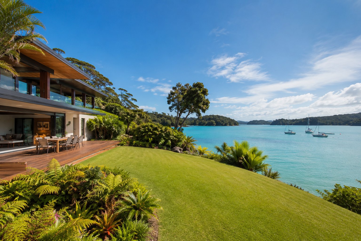 A New Zealand waterfront estate above a sheltered bay